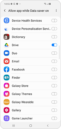 Switches are activated to enable mobile data for selected apps while Data saver is enabled