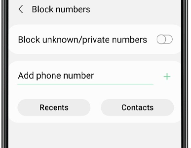 Tap the switch to enable or disable unknown/private numbers, or type in a number or contact to block a specific number.