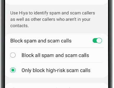 Block spam and scam calls toggle options