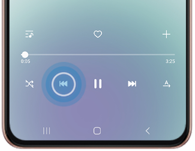 Tap the back button once to go to the start of the current track. Tap the back button twice to skip to the previous track. Hold down the back button to rewind through the current track.