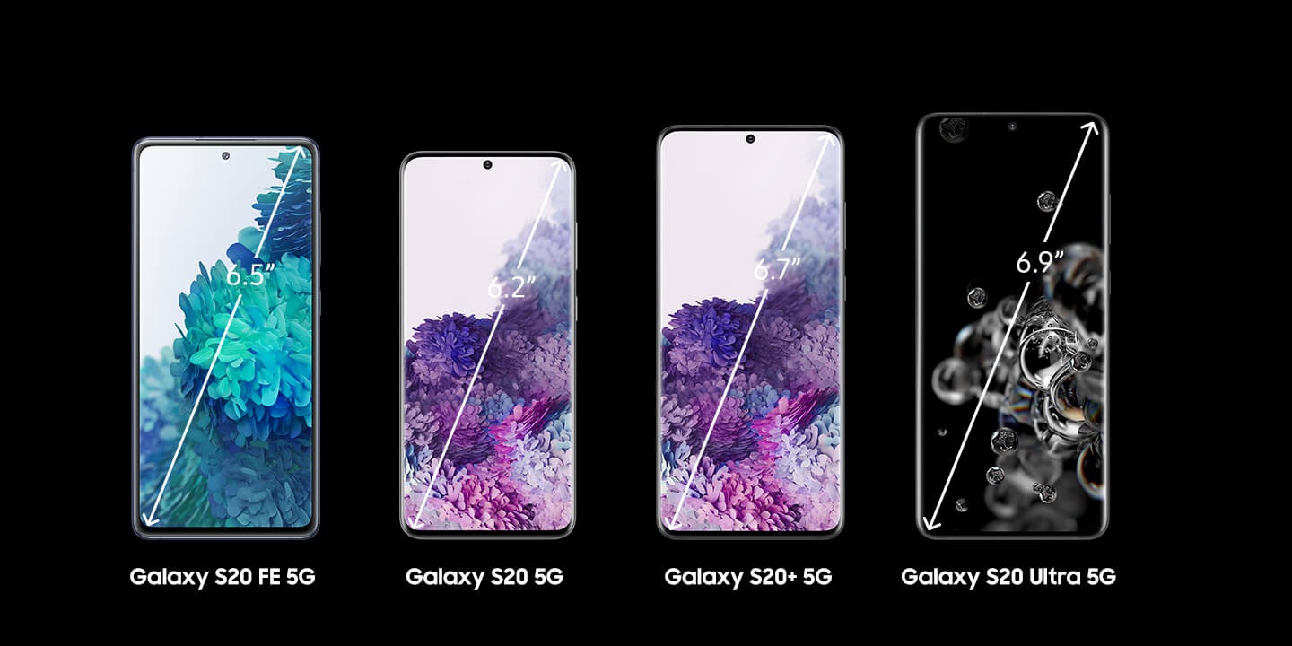 Four Samsung Galaxy S20 models on a black background with a white text showing their phone screen sizes