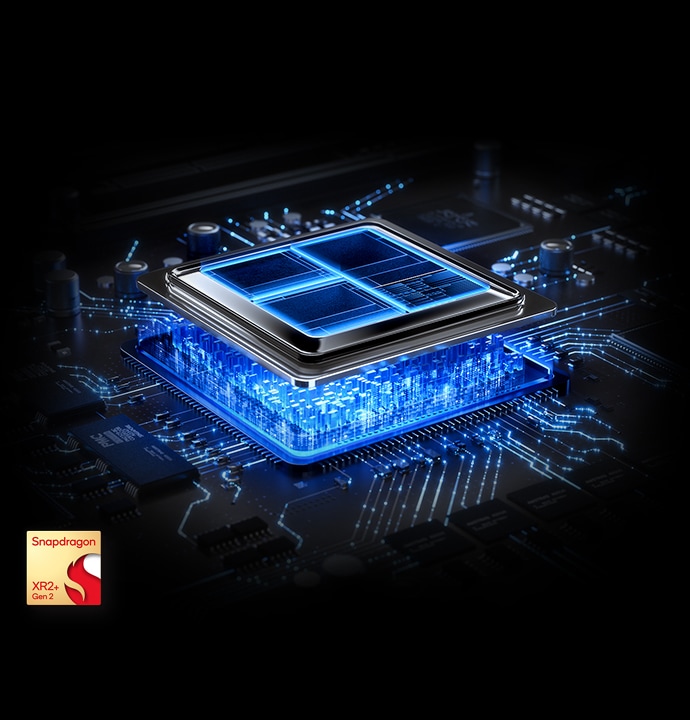Close-up of a processor chip placed over a glowing electronic circuit board. Snapdragon XR2 Plus Gen 2 logo.