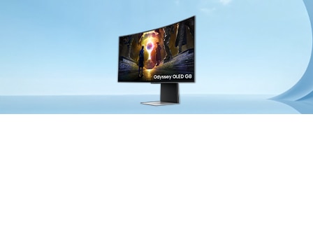 A Samsung Odyssey OLED G8 Monitor on blue background.
