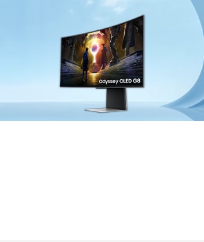 A Samsung Odyssey OLED G8 Monitor on blue background.