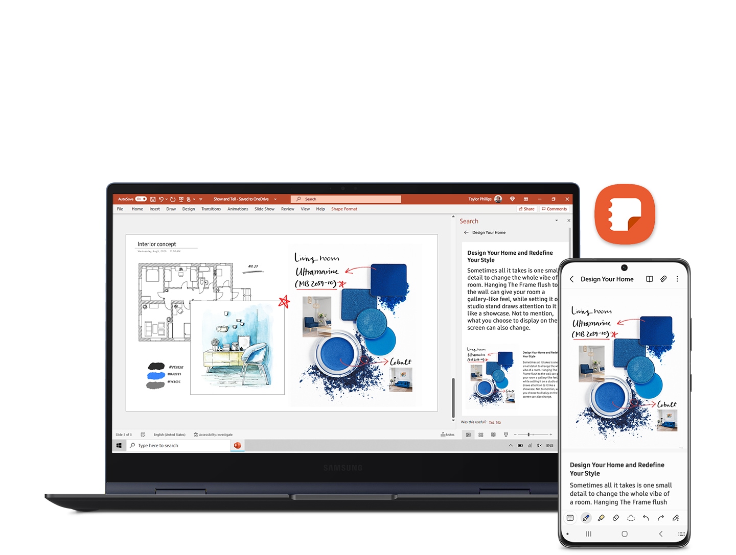 En el lado derecho, un teléfono inteligente Galaxy muestra una pantalla con Samsung Notes con contenidos relacionados con el diseño de interiores y notas escritas a mano. Detrás del teléfono, un Galaxy Book muestra la presentación de Microsoft PowerPoint con el mismo contenido de Samsung Notes y la escritura a mano sincronizada directamente en el lado derecho de la pantalla. En la diapositiva de PowerPoint, se muestran los mismos contenidos de Samsung Notes en el teléfono, con la ayuda de contenidos más relevantes.