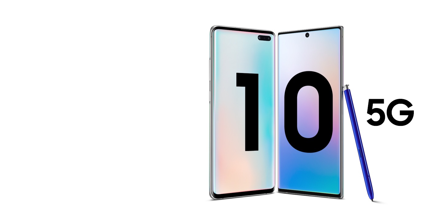 The Galaxy S10+ seen at a three-quarter angle from the left side and the Galaxy Note10+ seen at a three-quarter angle from the right side with the blue S Pen leaning on its right side. The Galaxy S10+ has a 1 on the screen. The Galaxy Note10+ has a 0 on the screen. Together they form the Power of 10.
