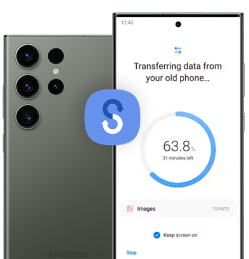 Two devices are shown, each coming out from different sides of the image. A blue S logo is shown in the middle to advise users that they can easily bring all their data over to their new phone.