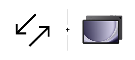 Galaxy Tab A9 in Graphite shown with a plus sign that leads to trade in icon