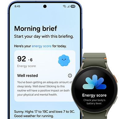 Galaxy S25 plus is seen from main screen. Now Brief is active. The Morning Insight shows today's Energy Score which has also been synced to Galaxy Watch.