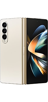 Galaxy Z Fold4 in Beige, partially unfolded and seen from the rear.