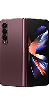 Galaxy Z Fold4 in Burgundy, partially unfolded and seen from the rear.