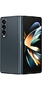 Galaxy Z Fold4 in Grey Green, partially unfolded and seen from the rear.