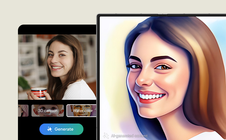 A photograph is applied with the Portrait Studio feature for Photo Assist. AI effects are applied to the portrait, with vibrant colours.