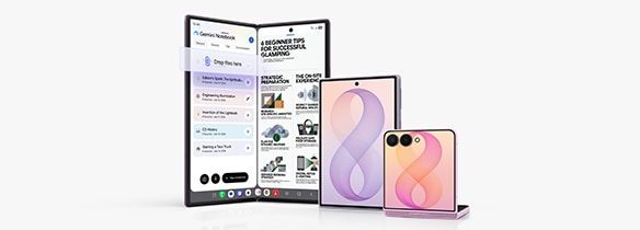 Galaxy Z Fold8 Ultra is seen unfolded. A split view of Gemini Notebook and an image can be seen on the main screen. Next, folded Galaxy Z Fold8 is seen from the cover screen. Then, Galaxy Z Flip8 is seen in FlexMode from the cover screen.