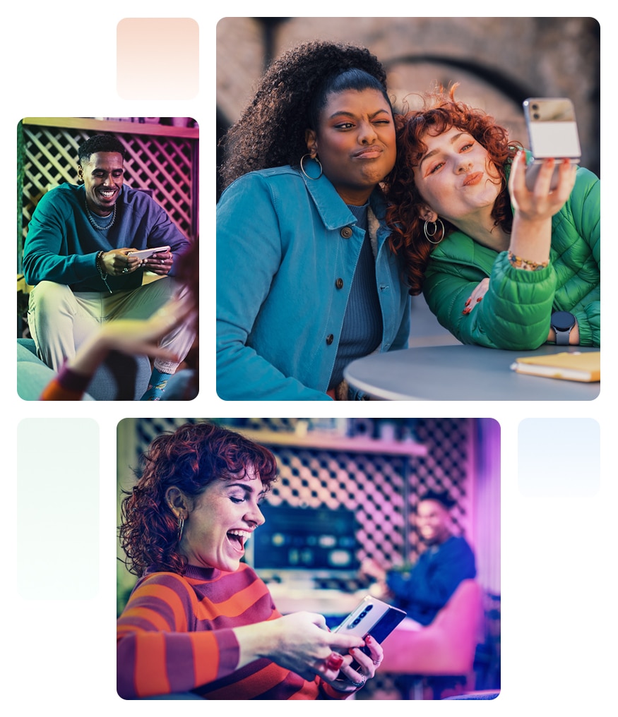 A collage of images is shown on the screen. To the left is a male casually dressed holding a Samsung smartphone. To the right are two females in a living room setting taking a selfie with the Samsung Flip. At the bottom, a female in a stripe red top smiles holding a Galaxy Fold. 