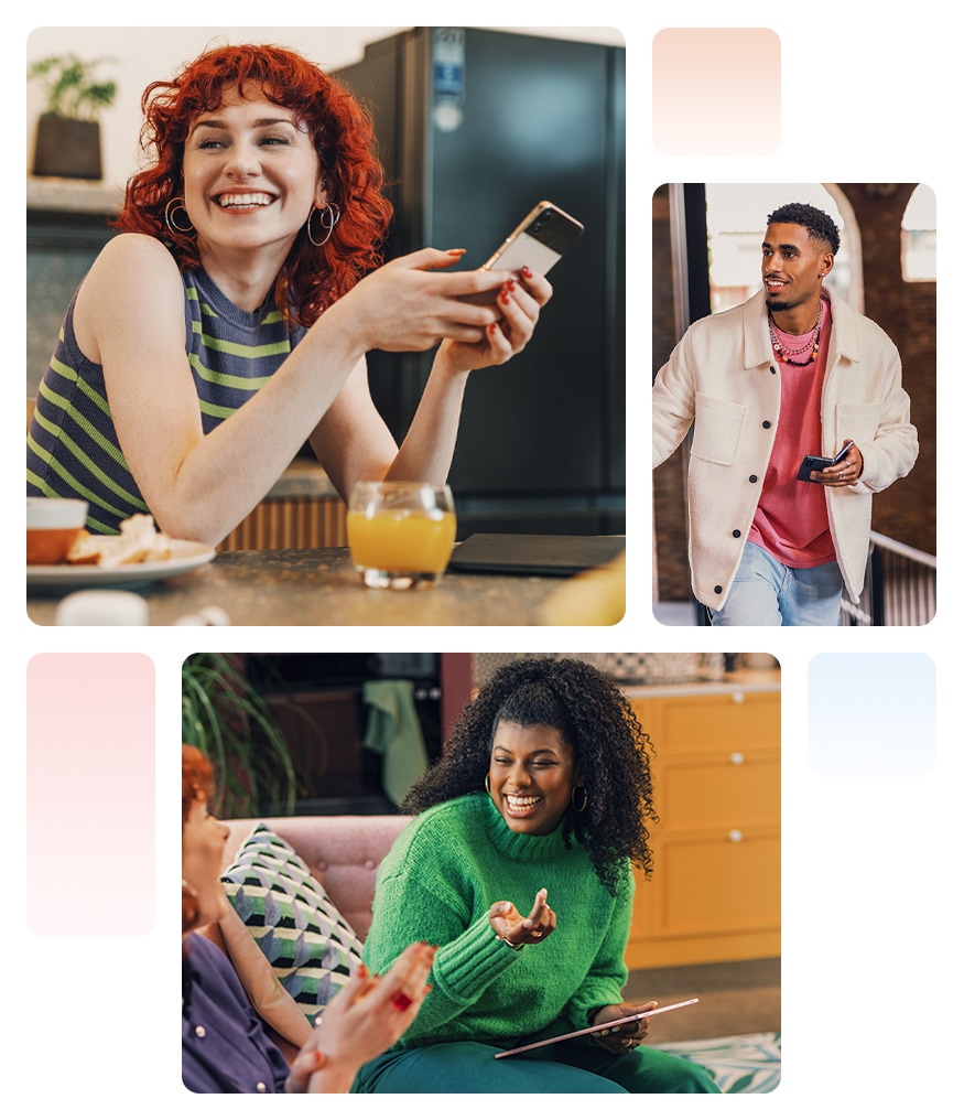 A collage of three photos is shown. On the top left is a lady with red hair holding a Samsung phone against a kitchen setting. To the right is a male in casual wear consisting of a jacket, red top and jeans and holding a Samsung Fold phone. Below these is a female in a green top in a living room setting, holding a tablet and talking to another female. 