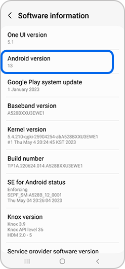 Android version highlighted in Software information menu