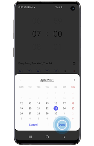 Calendar shown on a Galaxy smartphone with Done selected