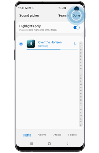 Done selected inside Sound picker on a Galaxy smartphone