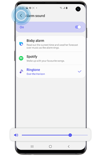 Back arrow selected next to Alarm sound on a Galaxy smartphone