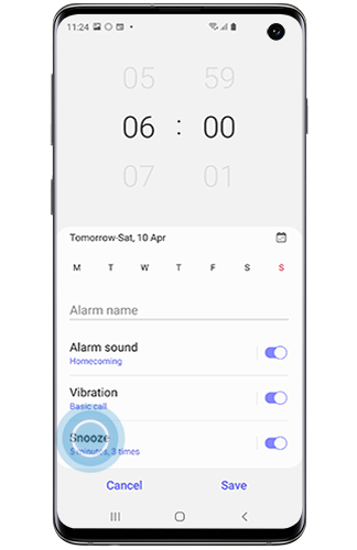 Snooze selected inside alarm on a Galaxy smartphone