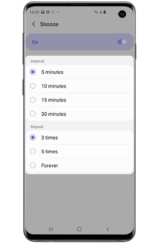 Interval and repeat times highlighted inside Snooze on a Galaxy smartphone