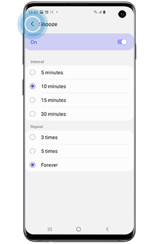 Back arrow selected inside Snooze on a Galaxy smartphone