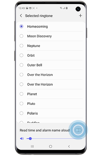 Switch next to Read time and alarm name aloud toggled on