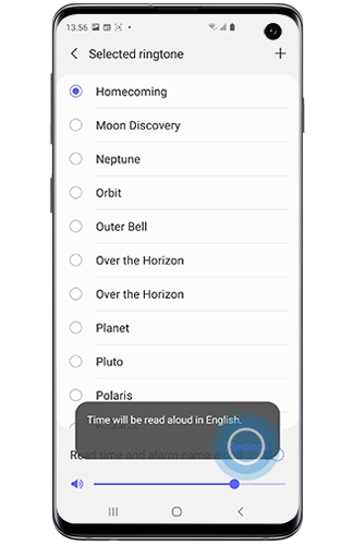 Settings selected in popup from Read time and alarm name aloud