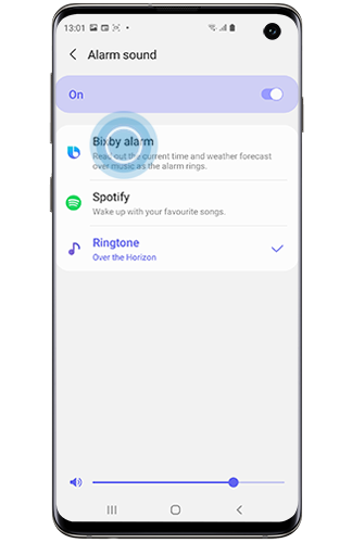 Bixby alarm selected inside Alarm sound on a Galaxy smartphone