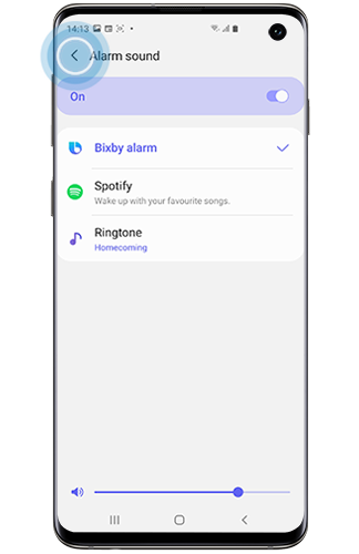 Back arrow selected inside Alarm sound on a Galaxy smartphone