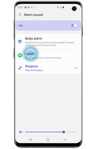 Spotify selected in alarm sounds menu