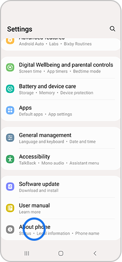 About phone selected in Settings menu