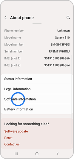 Software information selected in About phone menu