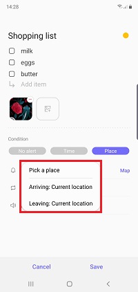 Tap pick a place to select where you want to be reminded or tap Arriving or Leaving to use your current location