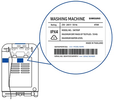 Where do I find the serial number on my Samsung washing machine