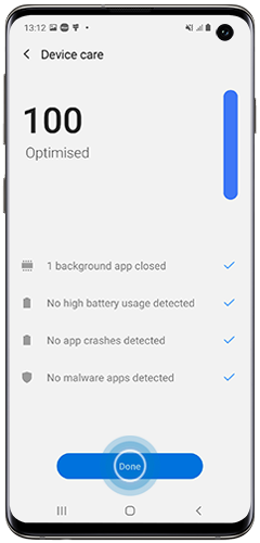 Device care is selected in the Settings menu