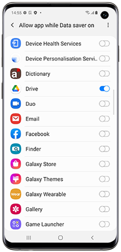 Switches are activated to enable mobile data for selected apps while Data saver is enabled