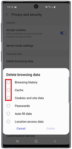 Select which parts of your browsing data you want to delete