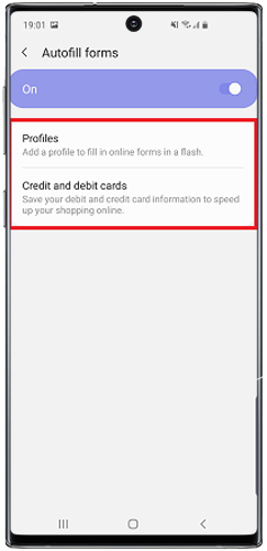 Tap Profiles or credit and debit cards