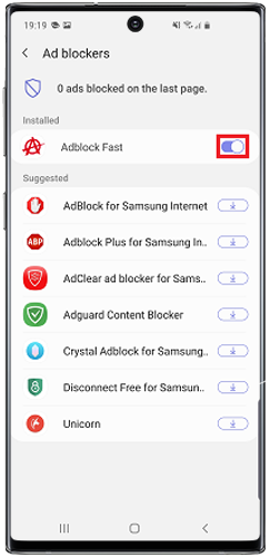 Tap the switch to turn the ad blocker on or off