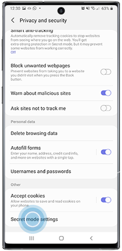 Tap Secret mode settings