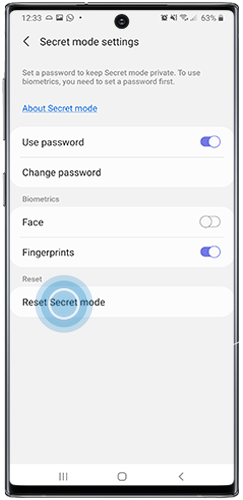 Here you can add or remove a password and biometric data, and reset Secret mode