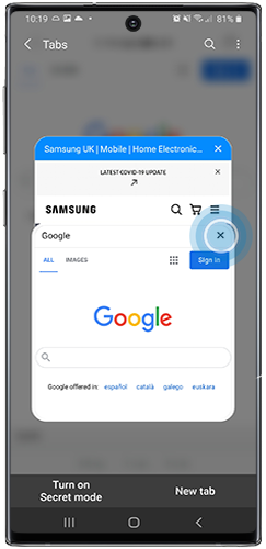 Tap the close icon to close a specific tab
