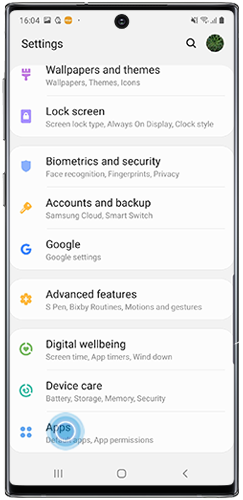 Tap to enter the Apps menu in Settings on Galaxy Note10