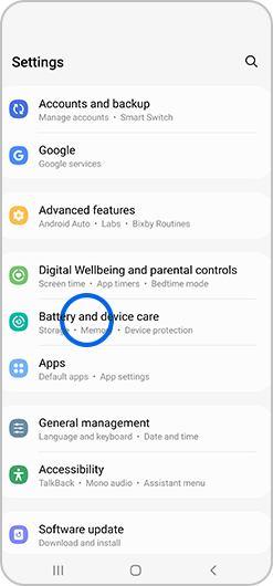 Battery and device care selected in Settings