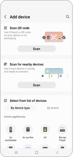 Different options to add device in SmartThings app