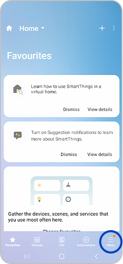 Menu icon selected in SmartThings app