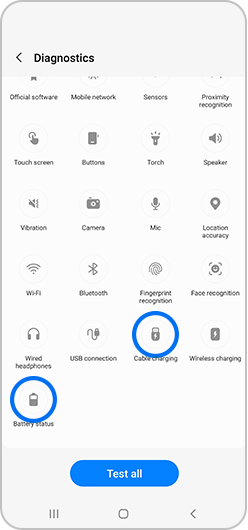 Cable charging and Battery status selected in tests section of Members app