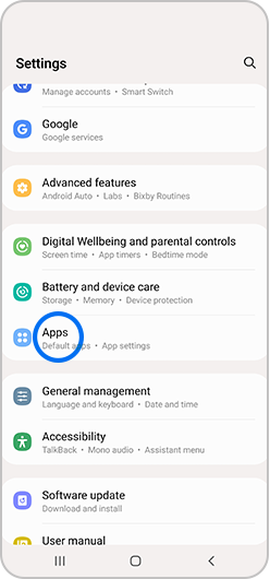 Apps selected in Settings menu
